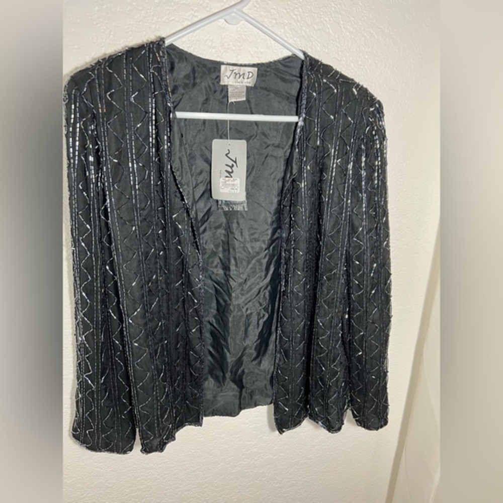 JMD New York Womens Jacket Black Silk Sequin Bead Collarless Open Front Size L
